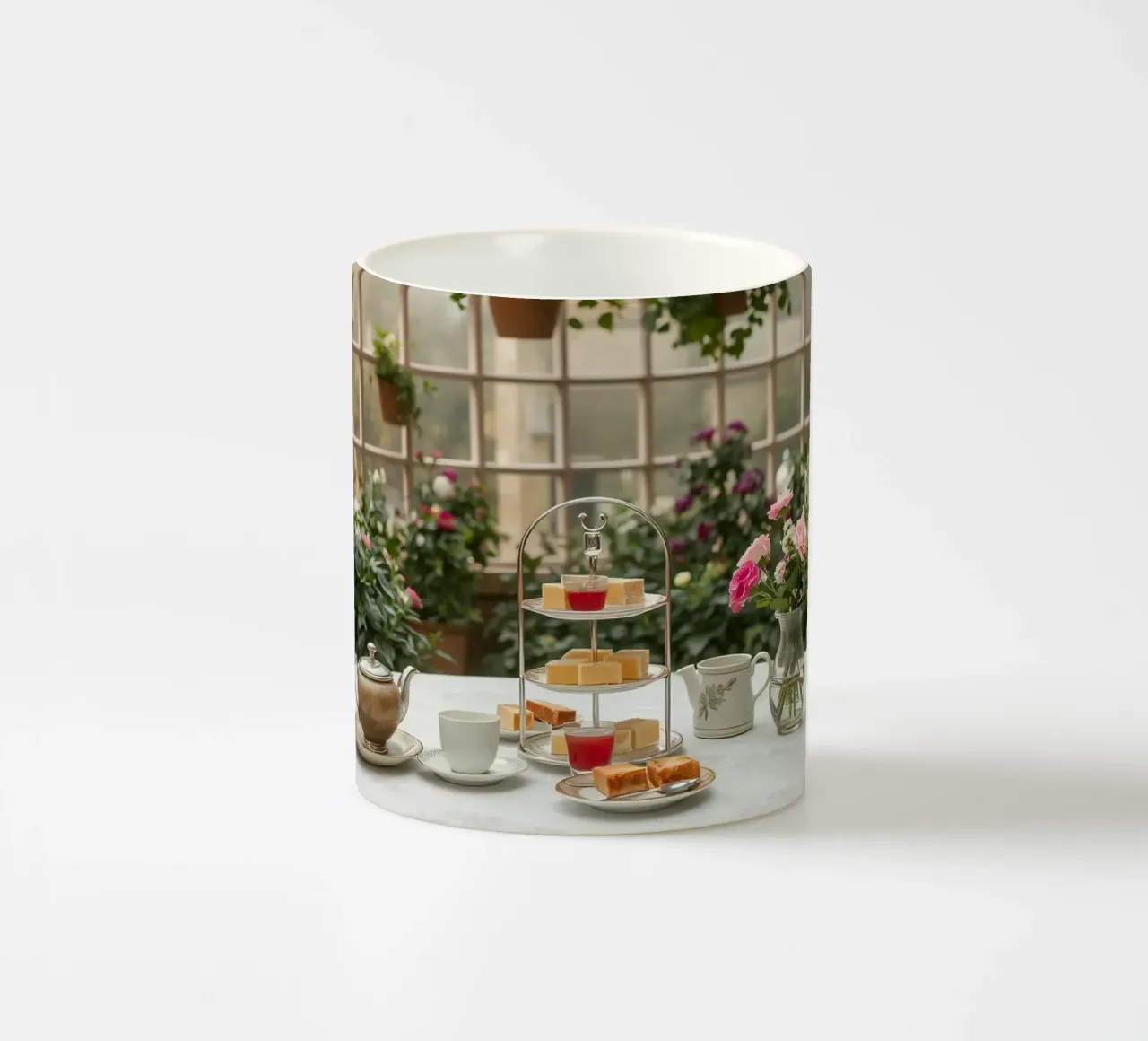 Il tè pomeridiano è servito in una serra circondata da fiori. tazza in ceramica da DesignDoodle