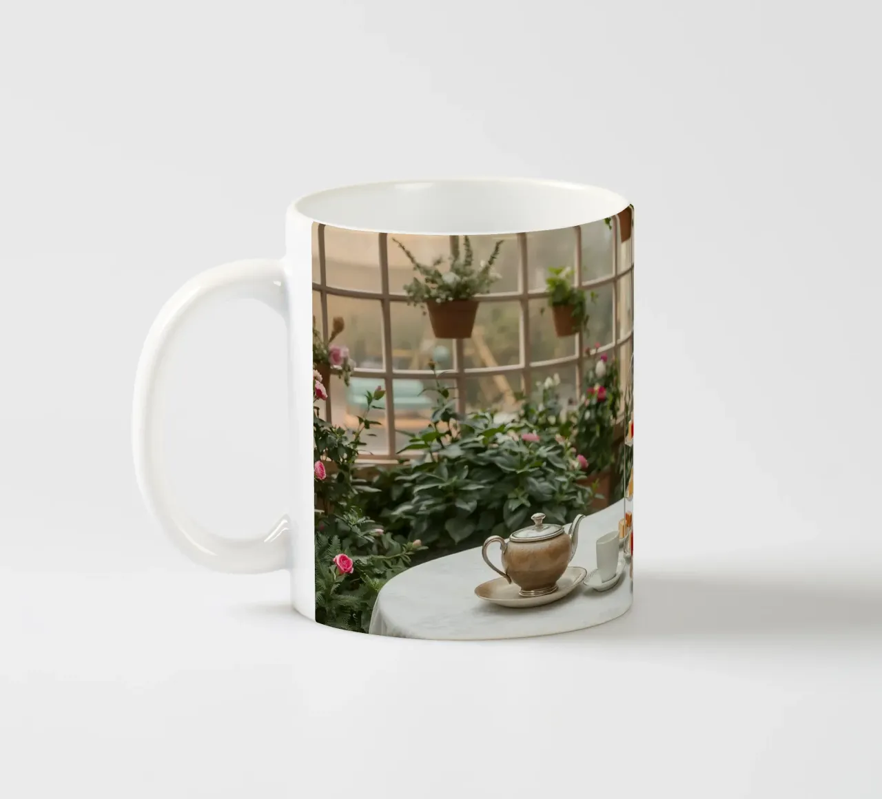 Il tè pomeridiano è servito in una serra circondata da fiori. tazza in ceramica da DesignDoodle