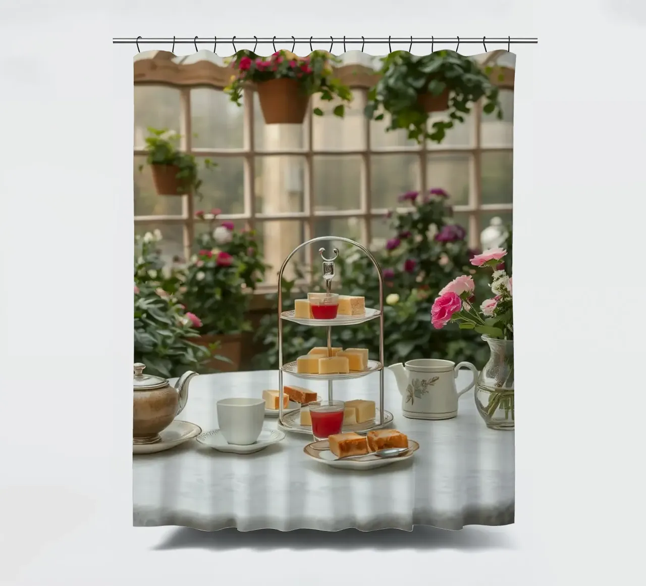 Il tè pomeridiano è servito in una serra circondata da fiori. tenda da doccia da DesignDoodle
