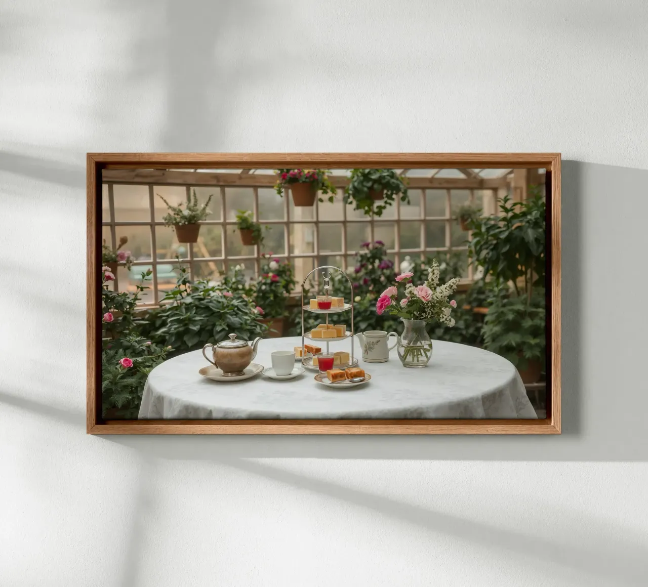 Il tè pomeridiano è servito in una serra circondata da fiori. tela da DesignDoodle
