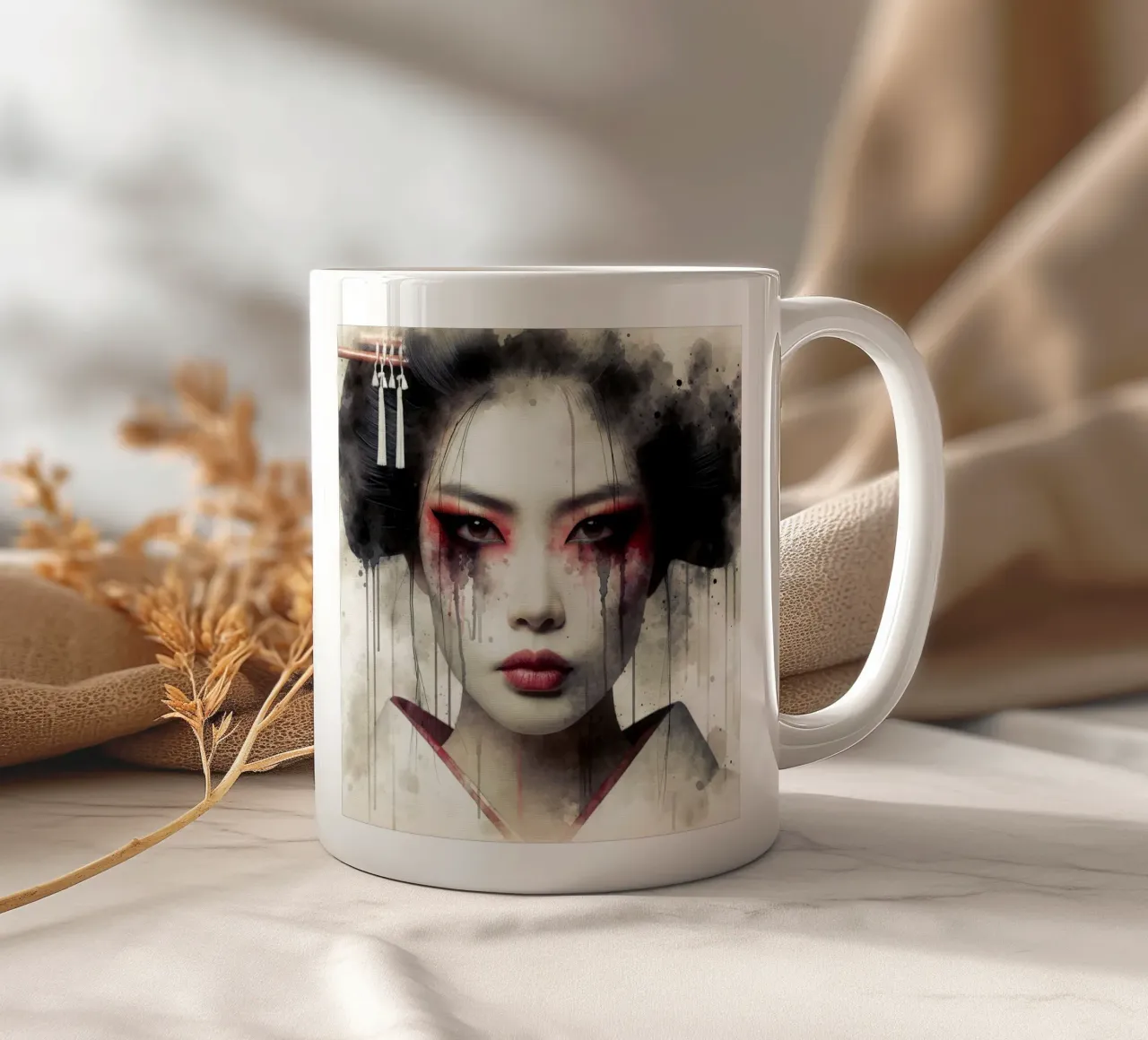 Geisha moderna ad acquerello tazza in ceramica da Chromatic Fusion Studio
