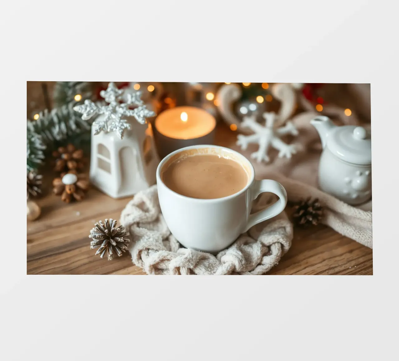 Tazza di caffè calda appoggiata su un accogliente tavolo di legno ornato di pellicola backlit da DesignDoodle