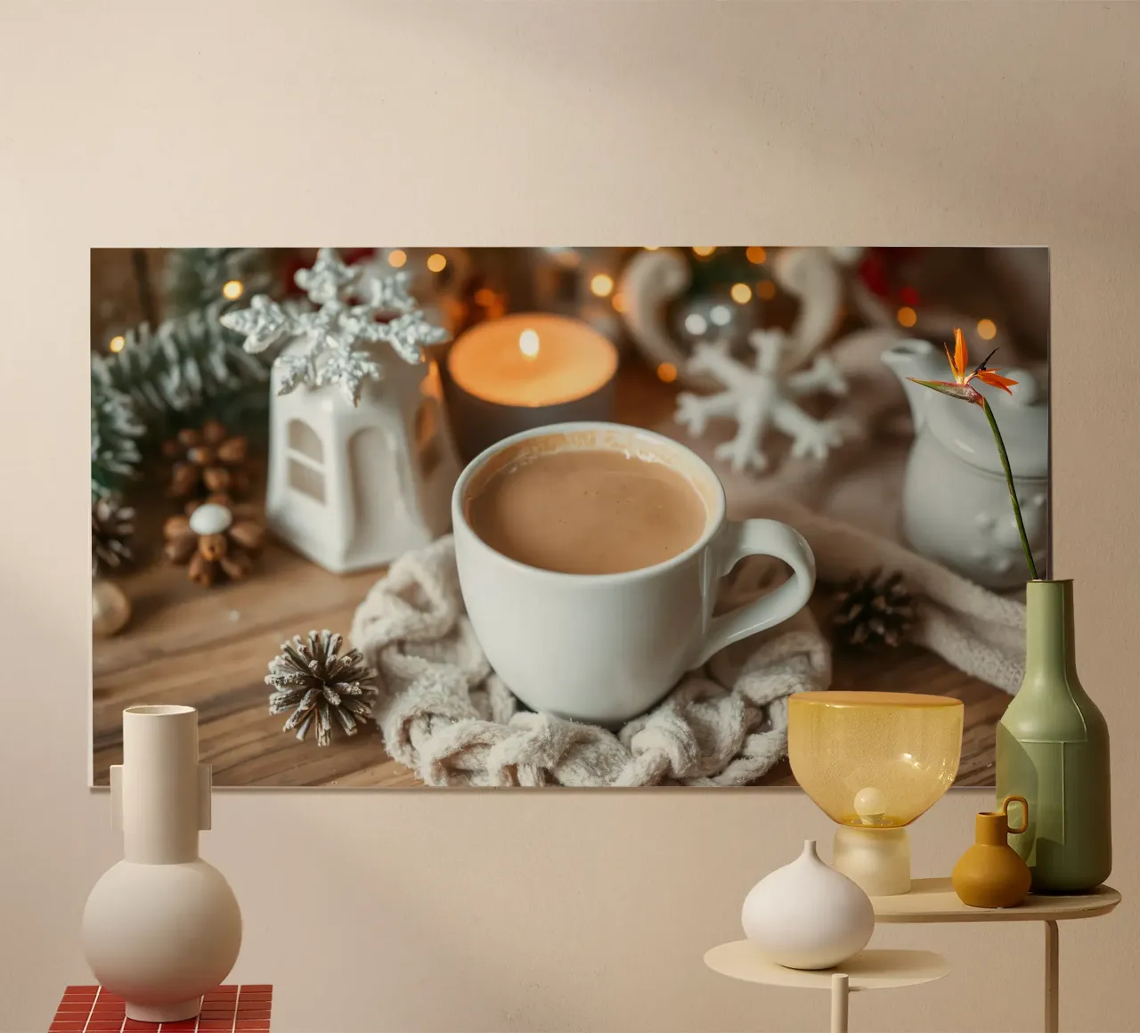 Tazza di caffè calda appoggiata su un accogliente tavolo di legno ornato di carta hahnemühle da DesignDoodle