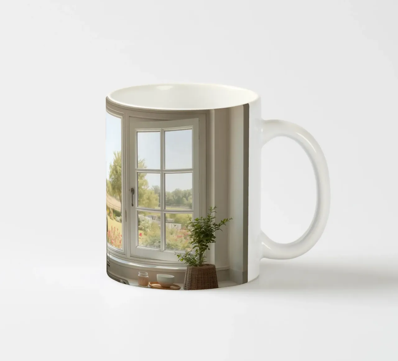 Bella vista sulla cucina con giardino soleggiato e fiori freschi tazza in ceramica da DesignDoodle