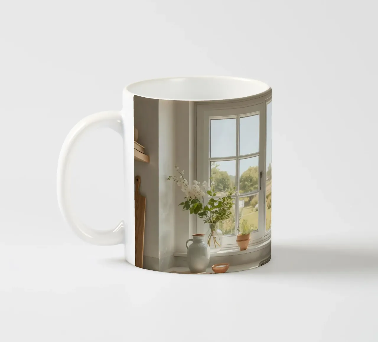 Bella vista sulla cucina con giardino soleggiato e fiori freschi tazza in ceramica da DesignDoodle
