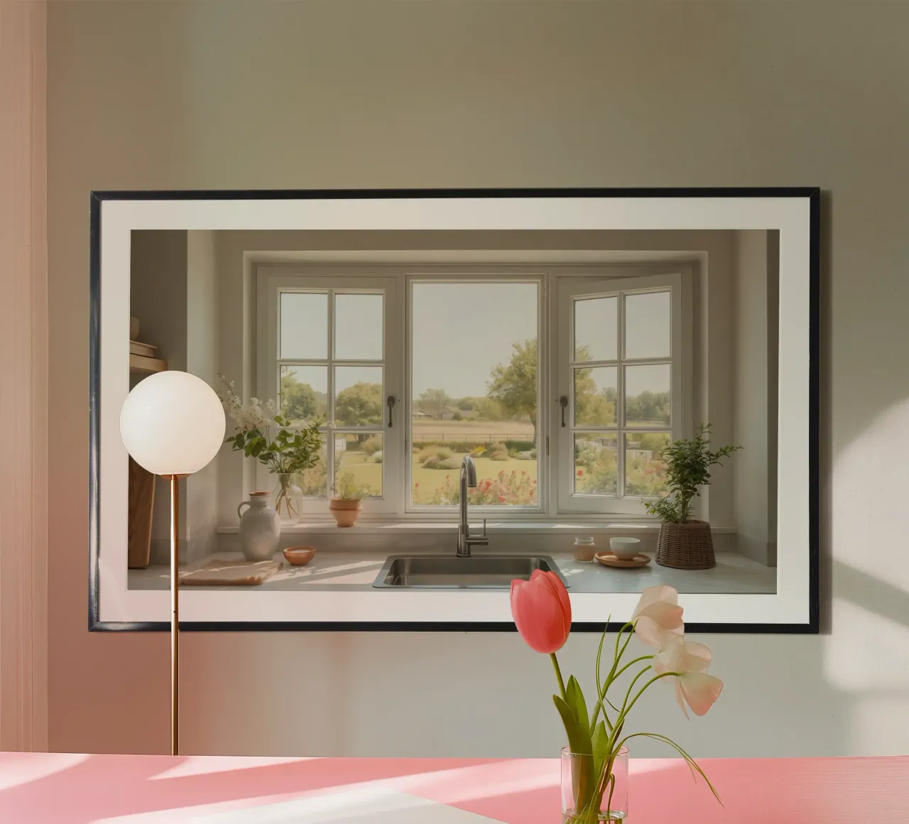 Bella vista sulla cucina con giardino soleggiato e fiori freschi poster con telaio in plastica da DesignDoodle