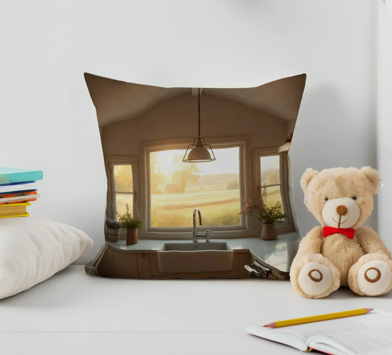 La calda luce del sole riempie una cucina accogliente con una splendida vista cuscino da DesignDoodle