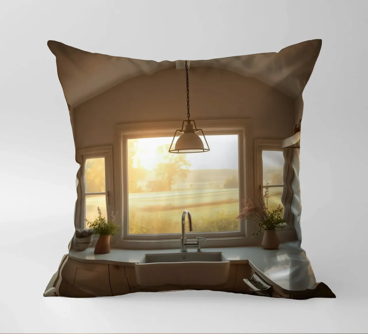 La calda luce del sole riempie una cucina accogliente con una splendida vista cuscino da DesignDoodle