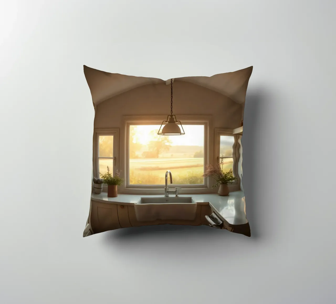 La calda luce del sole riempie una cucina accogliente con una splendida vista cuscino da DesignDoodle