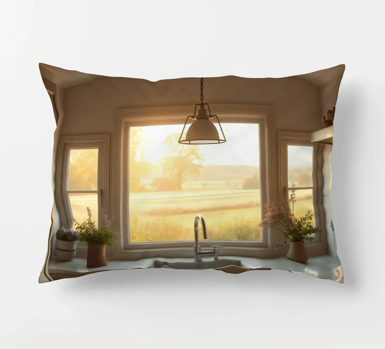 La calda luce del sole riempie una cucina accogliente con una splendida vista cuscino da DesignDoodle
