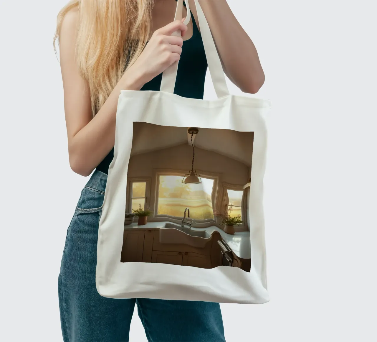 La calda luce del sole riempie una cucina accogliente con una splendida vista borsa in juta da DesignDoodle