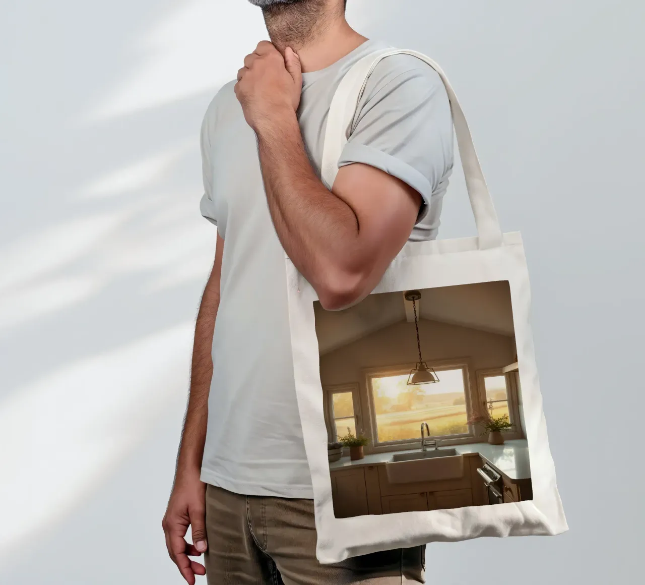 La calda luce del sole riempie una cucina accogliente con una splendida vista borsa in juta da DesignDoodle