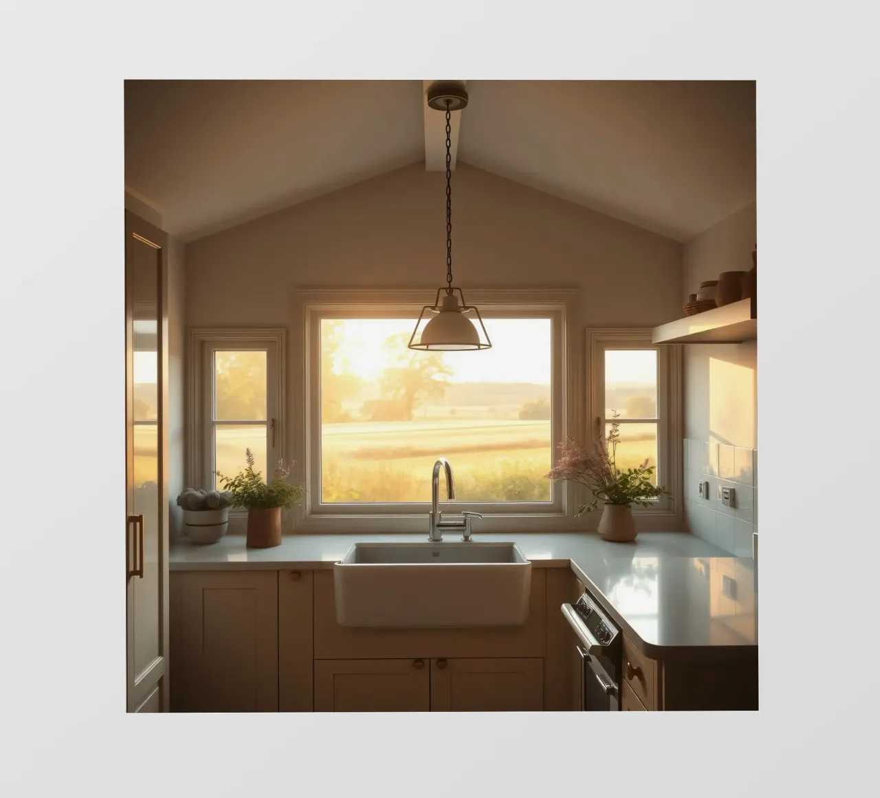 La calda luce del sole riempie una cucina accogliente con una splendida vista telo in pvc da DesignDoodle