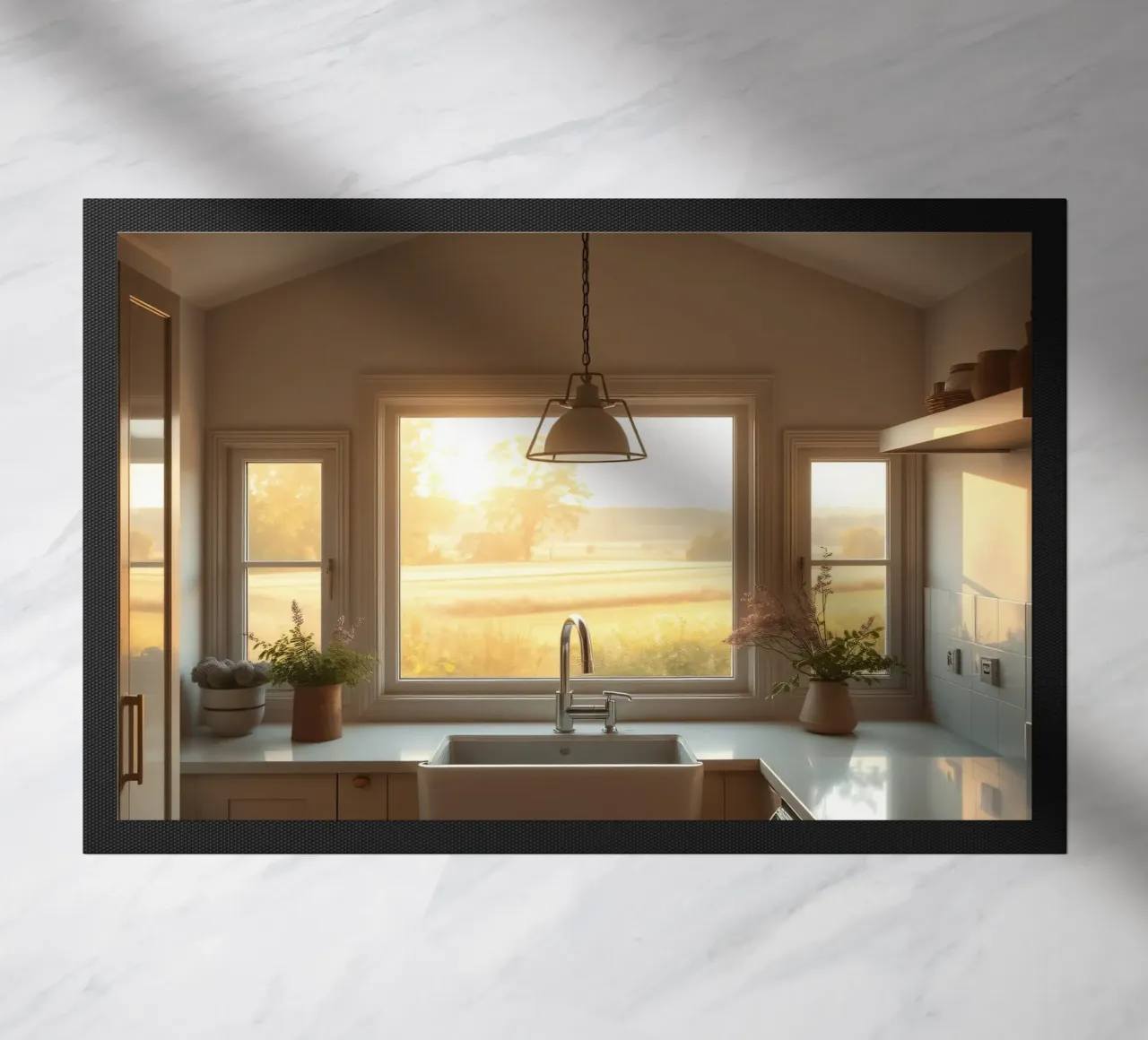 La calda luce del sole riempie una cucina accogliente con una splendida vista zerbino da DesignDoodle