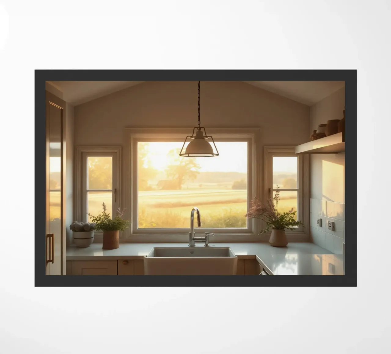 La calda luce del sole riempie una cucina accogliente con una splendida vista zerbino da DesignDoodle