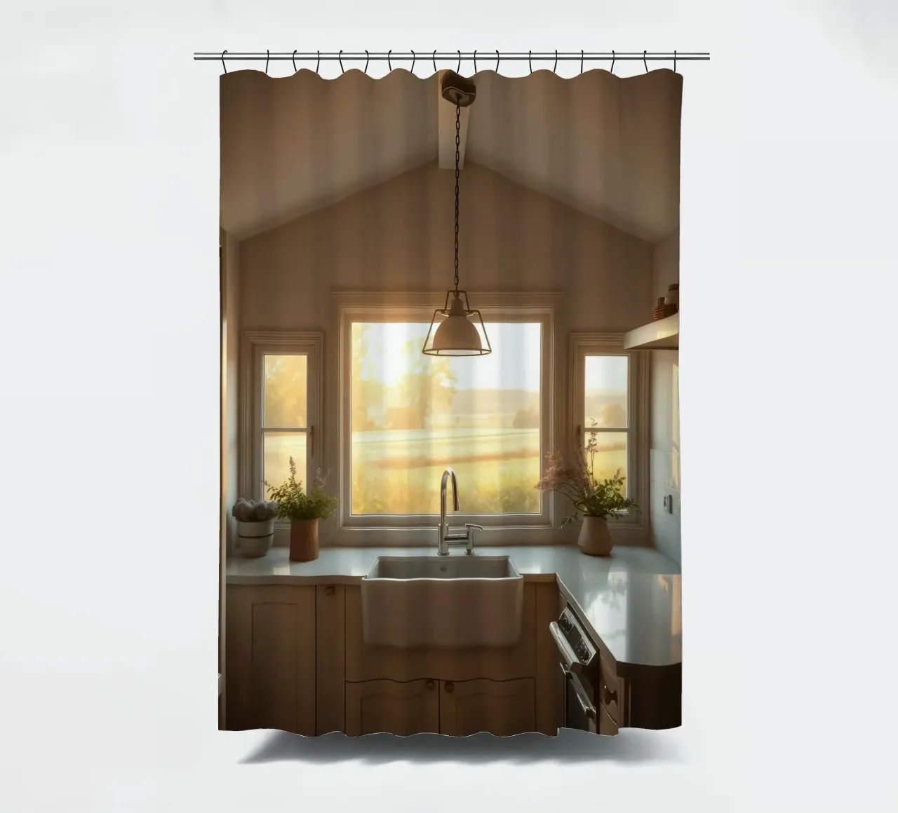 La calda luce del sole riempie una cucina accogliente con una splendida vista tenda da doccia da DesignDoodle