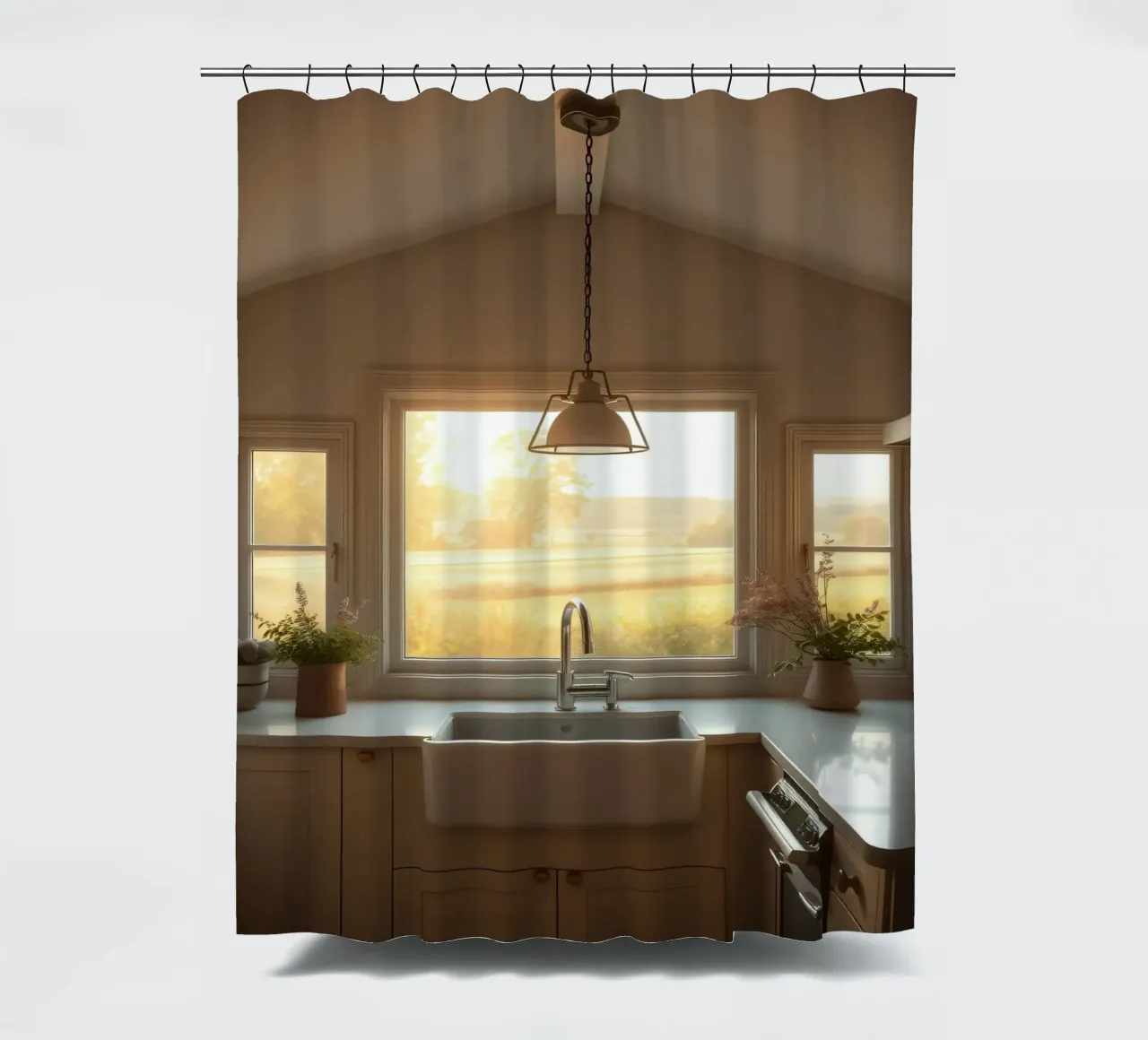 La calda luce del sole riempie una cucina accogliente con una splendida vista tenda da doccia da DesignDoodle