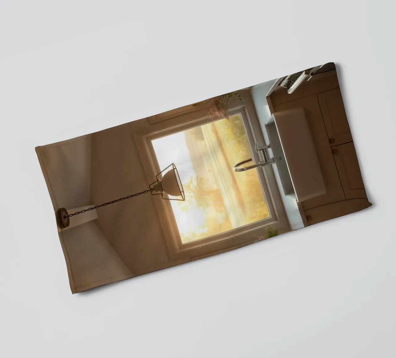 La calda luce del sole riempie una cucina accogliente con una splendida vista asciugamano da bagno da DesignDoodle