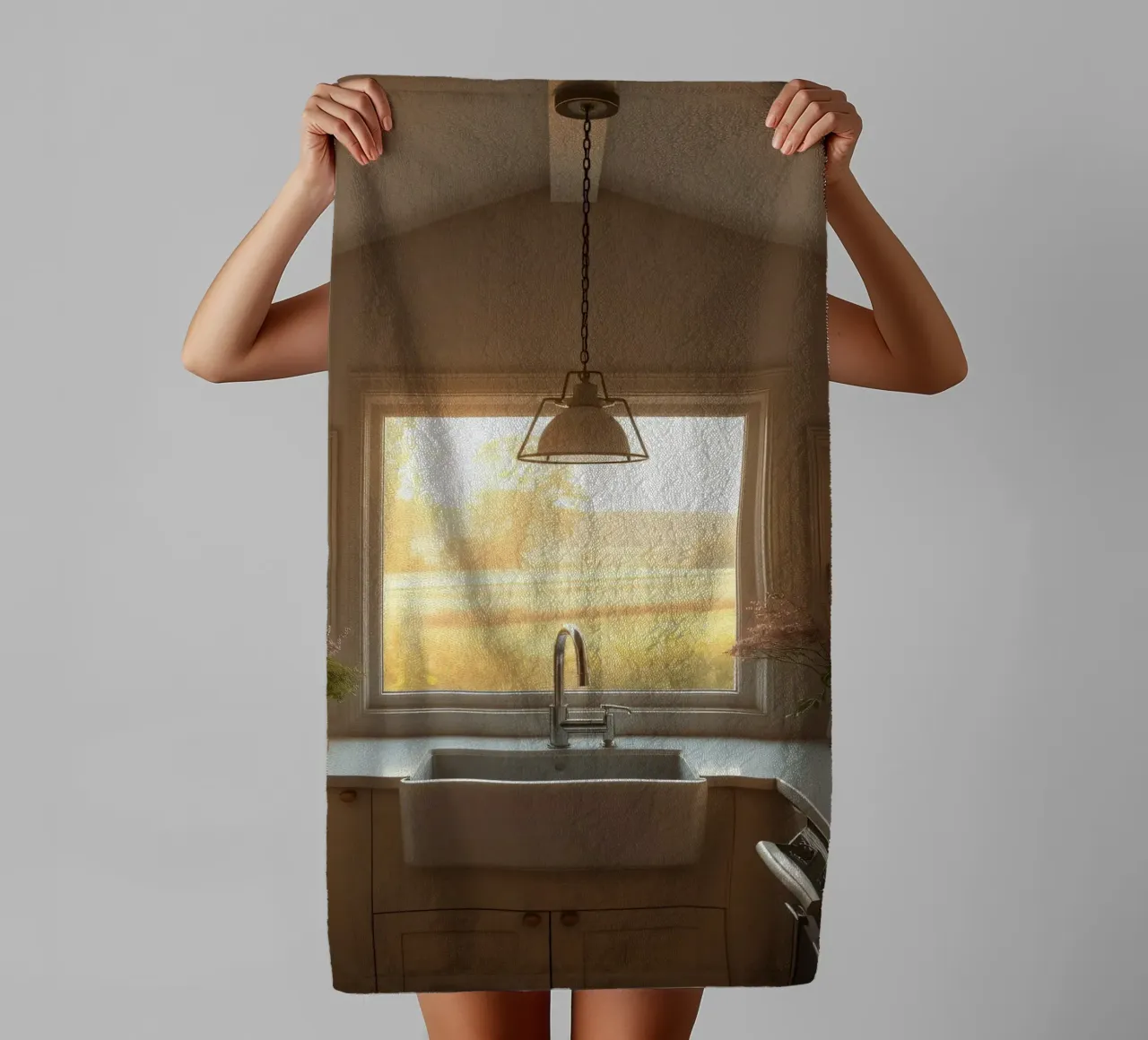 La calda luce del sole riempie una cucina accogliente con una splendida vista asciugamano da bagno da DesignDoodle