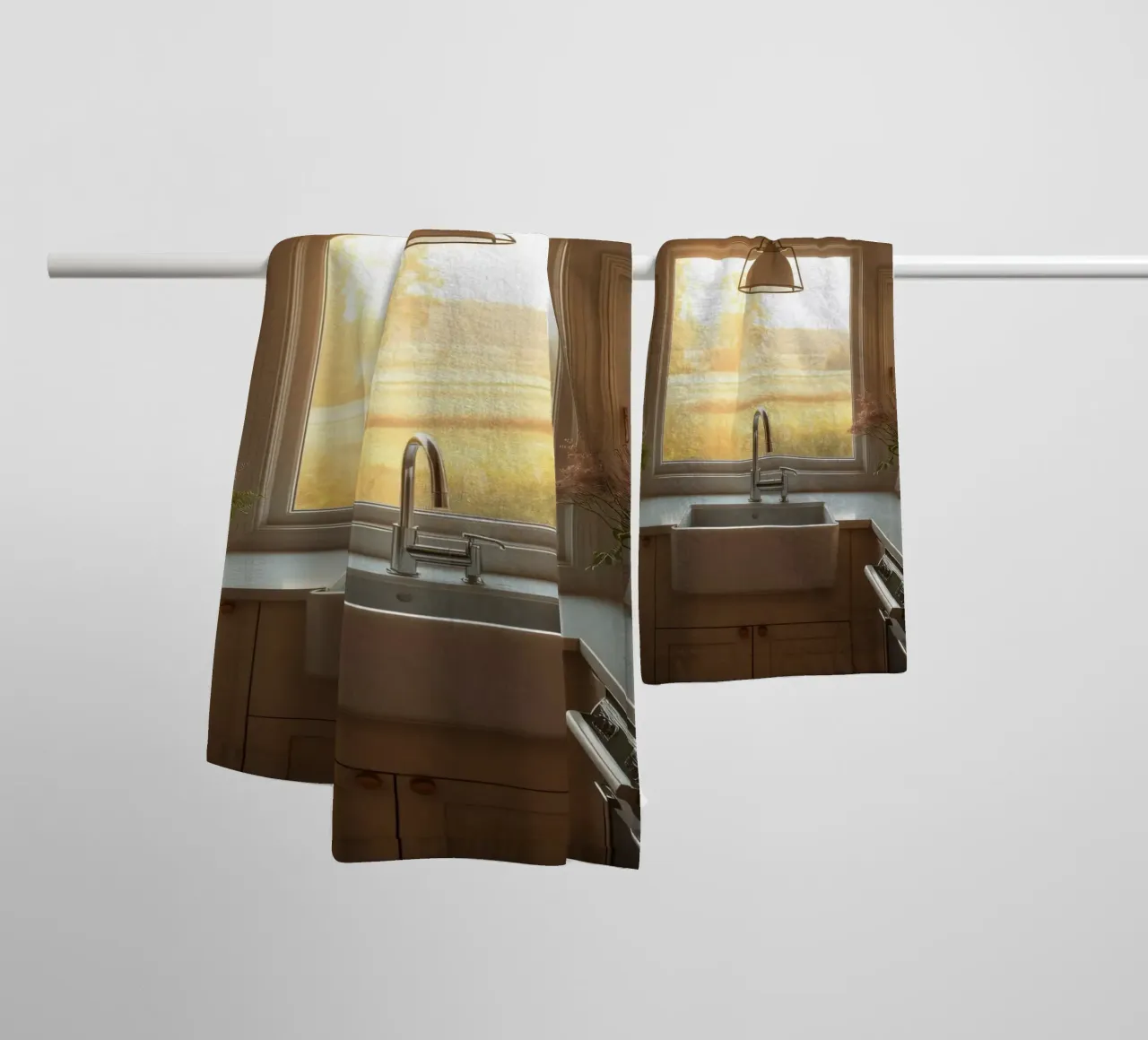 La calda luce del sole riempie una cucina accogliente con una splendida vista asciugamano da bagno da DesignDoodle