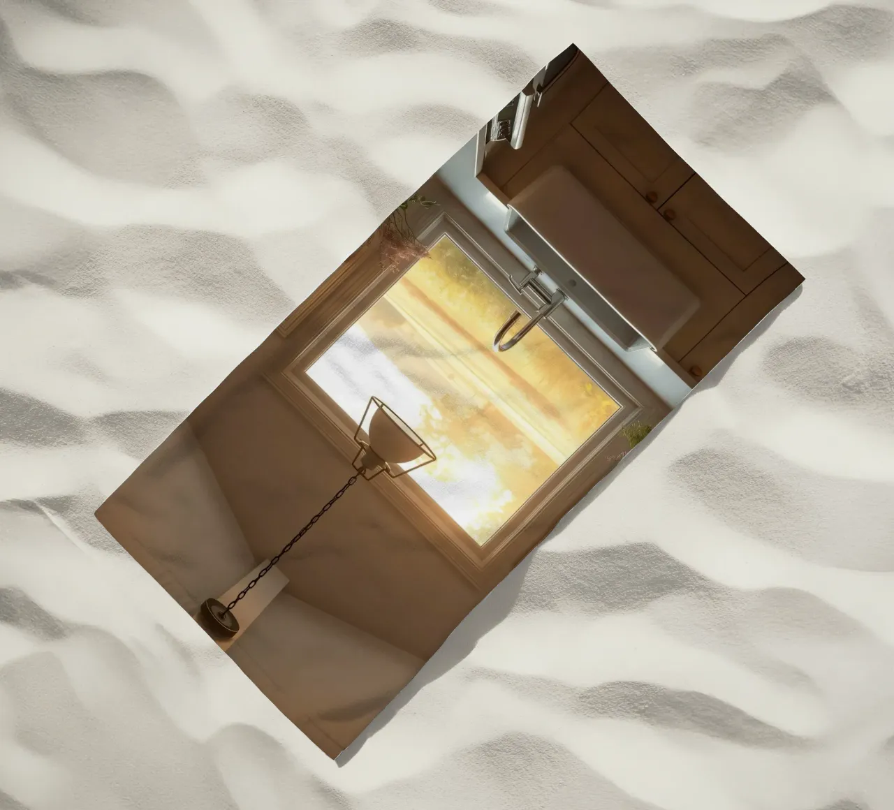 La calda luce del sole riempie una cucina accogliente con una splendida vista telo mare da DesignDoodle