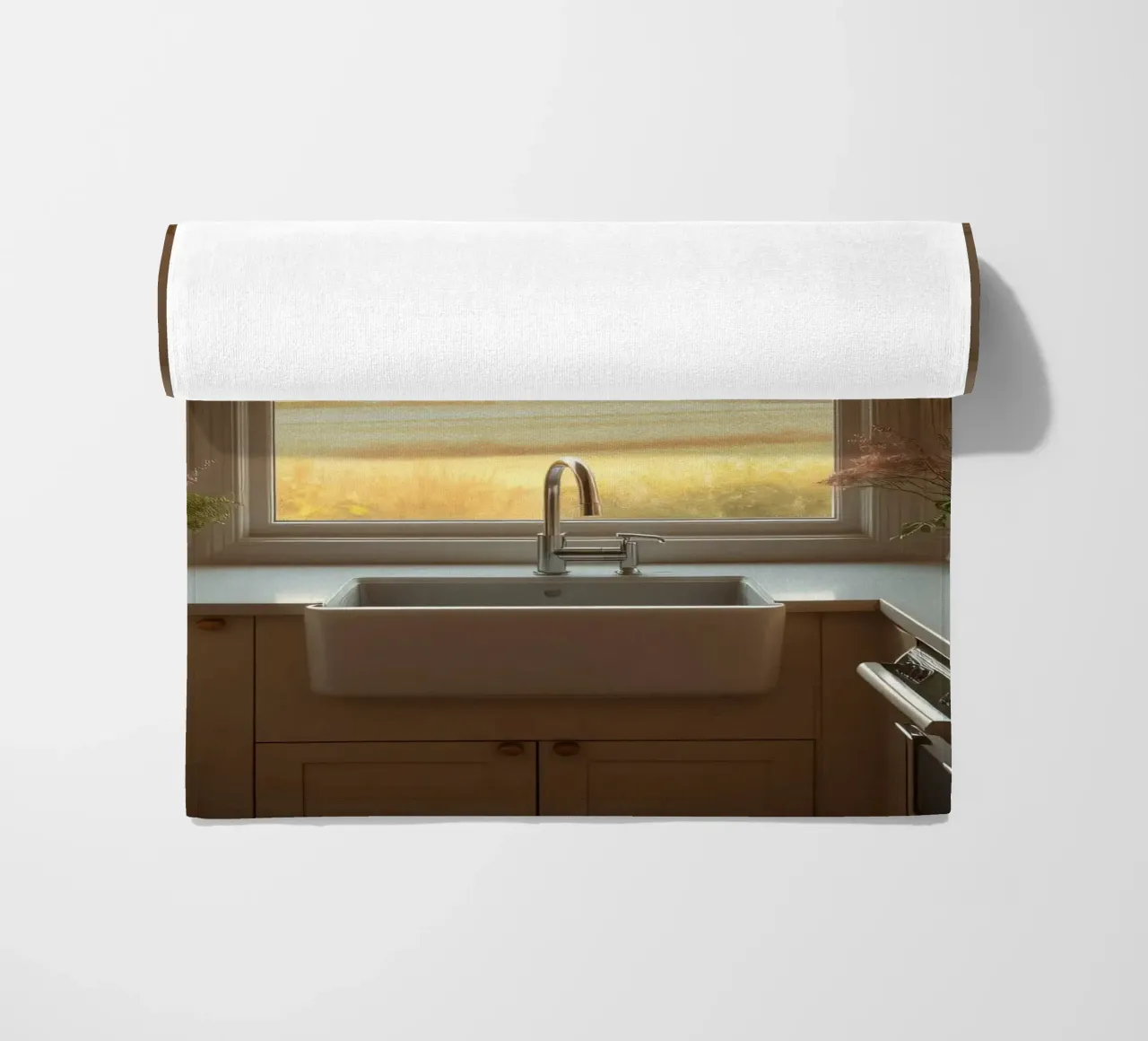La calda luce del sole riempie una cucina accogliente con una splendida vista telo mare da DesignDoodle