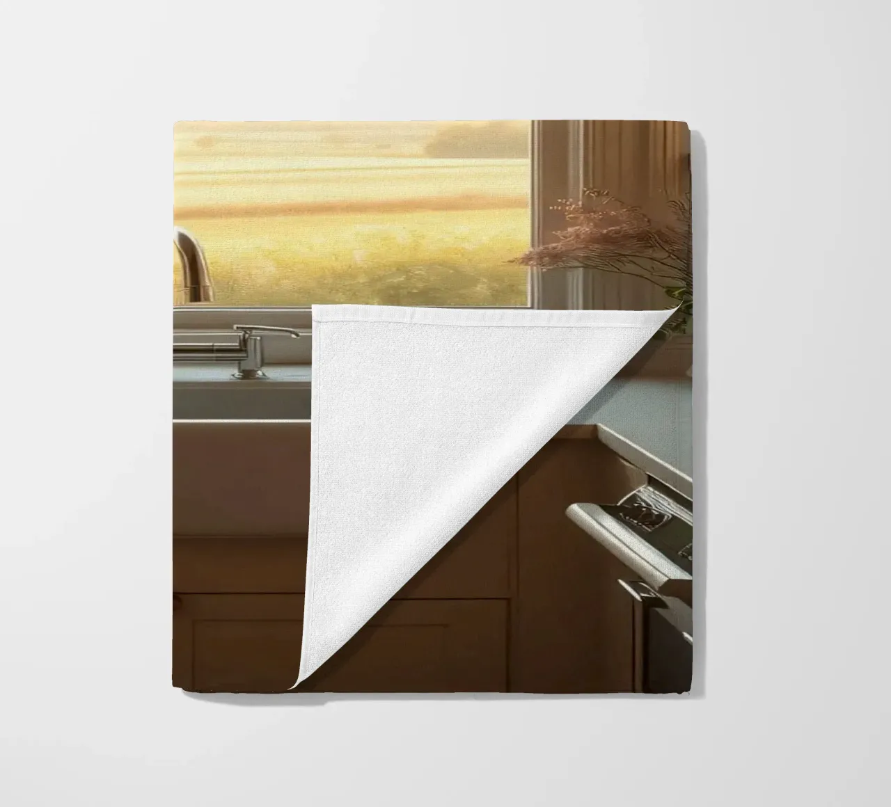 La calda luce del sole riempie una cucina accogliente con una splendida vista telo mare da DesignDoodle