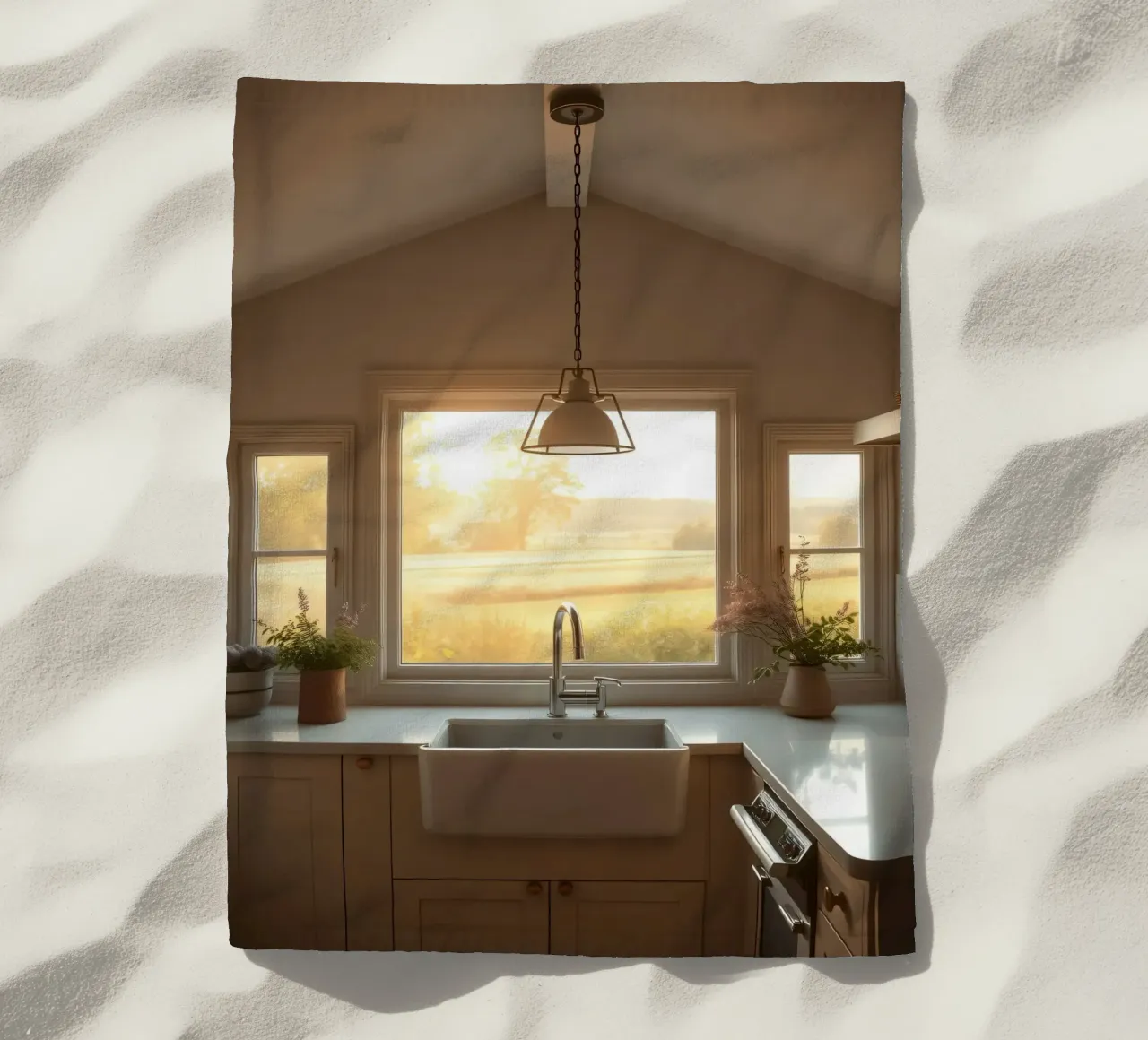 La calda luce del sole riempie una cucina accogliente con una splendida vista telo mare da DesignDoodle