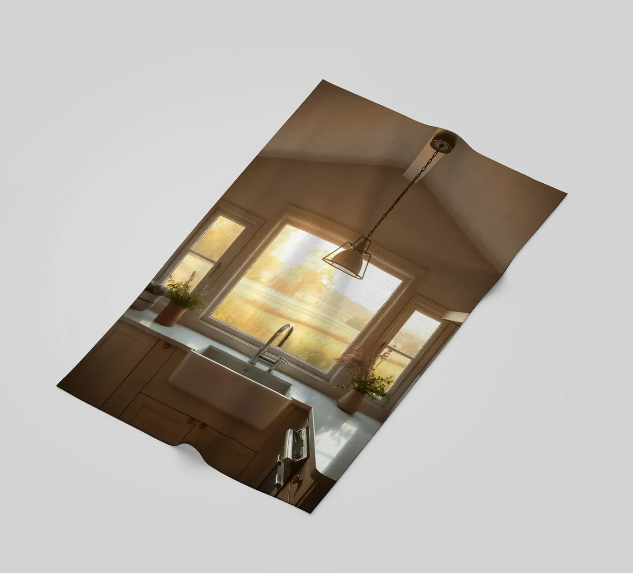 La calda luce del sole riempie una cucina accogliente con una splendida vista telo mare da DesignDoodle
