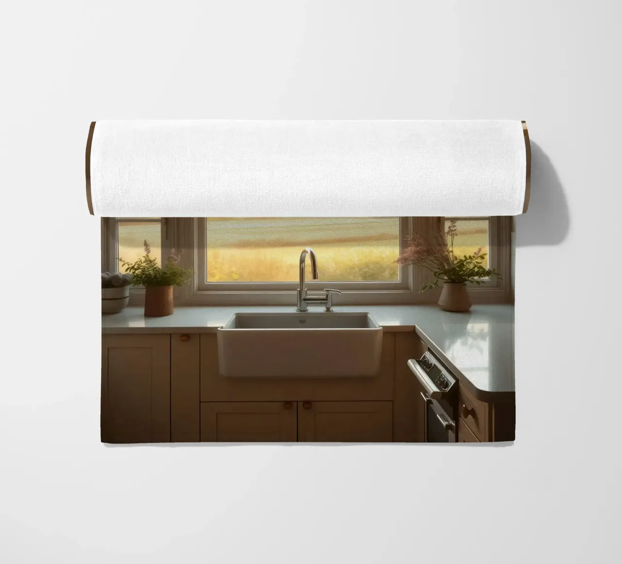 La calda luce del sole riempie una cucina accogliente con una splendida vista telo mare da DesignDoodle