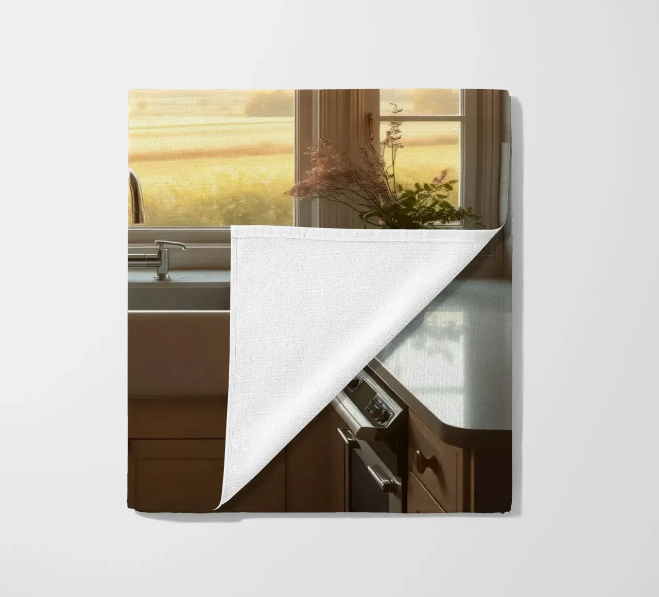 La calda luce del sole riempie una cucina accogliente con una splendida vista telo mare da DesignDoodle