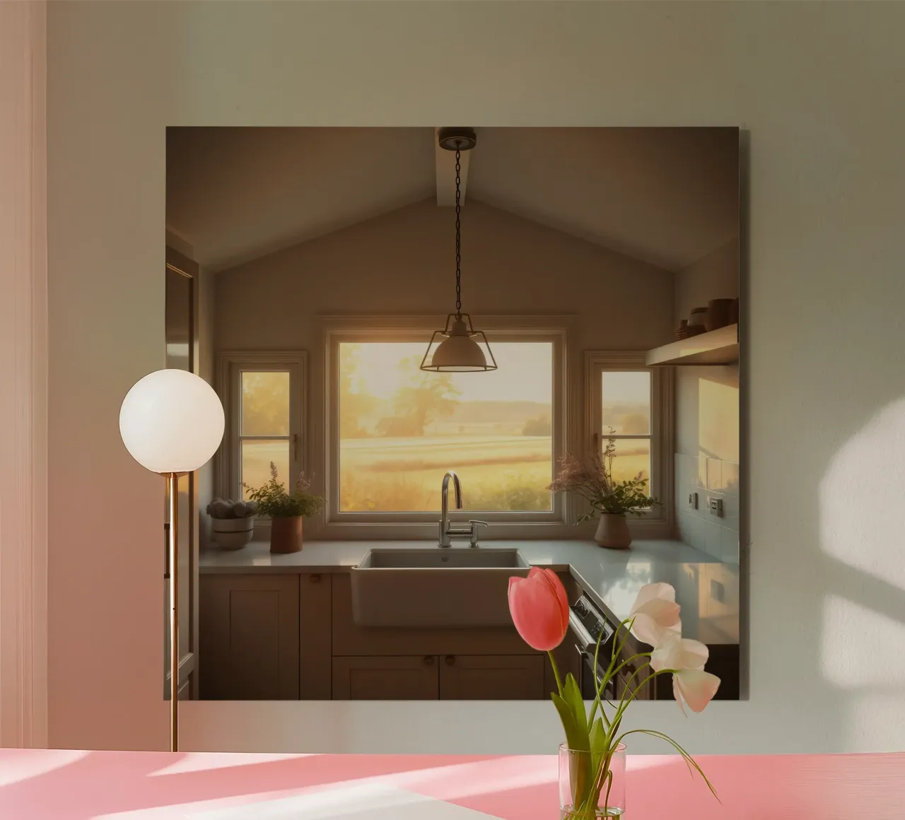 La calda luce del sole riempie una cucina accogliente con una splendida vista pannello forex da DesignDoodle