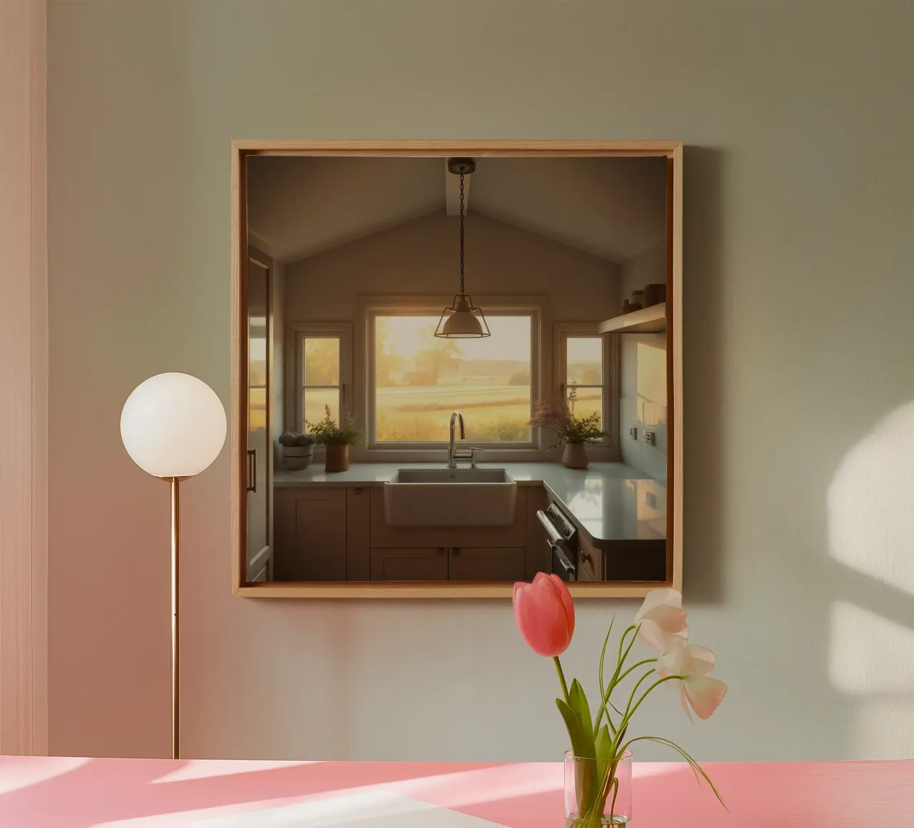 La calda luce del sole riempie una cucina accogliente con una splendida vista tela con Cornice a cassetta da DesignDoodle