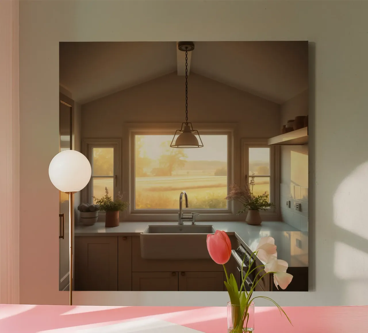 La calda luce del sole riempie una cucina accogliente con una splendida vista tela con Cornice a cassetta da DesignDoodle