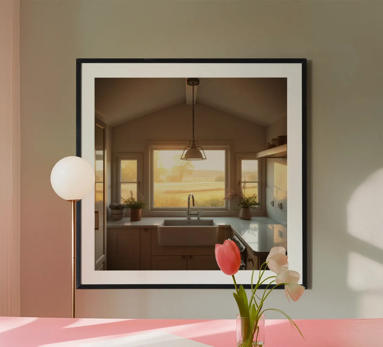 La calda luce del sole riempie una cucina accogliente con una splendida vista poster da DesignDoodle