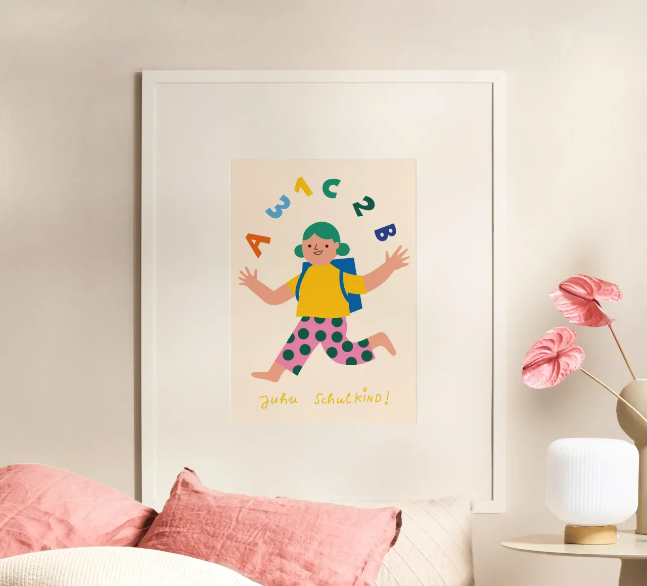 Evviva Schulkind! (crema) poster con telaio in legno da Susann Stefanizen