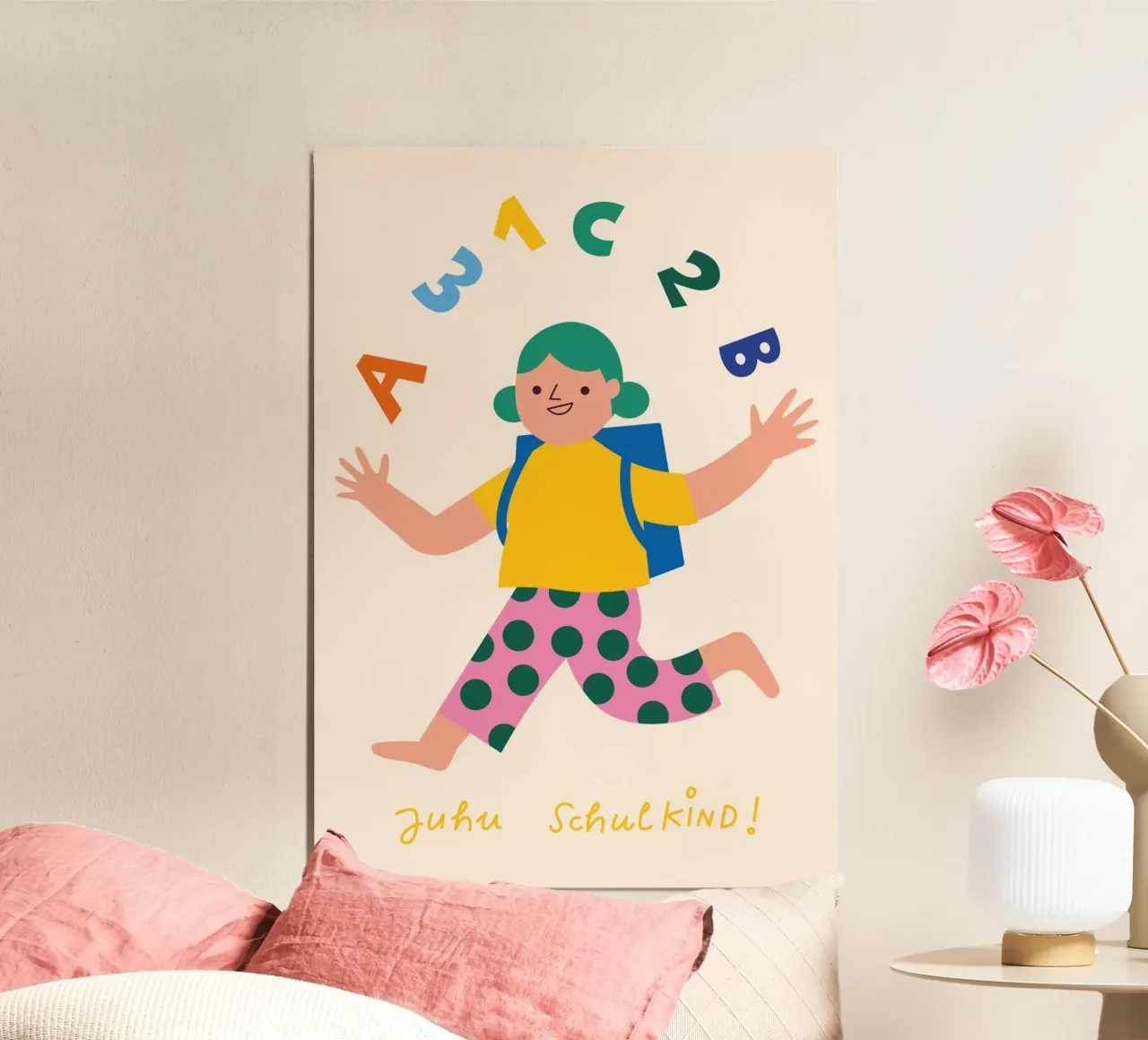 Evviva Schulkind! (crema) poster con telaio in legno da Susann Stefanizen