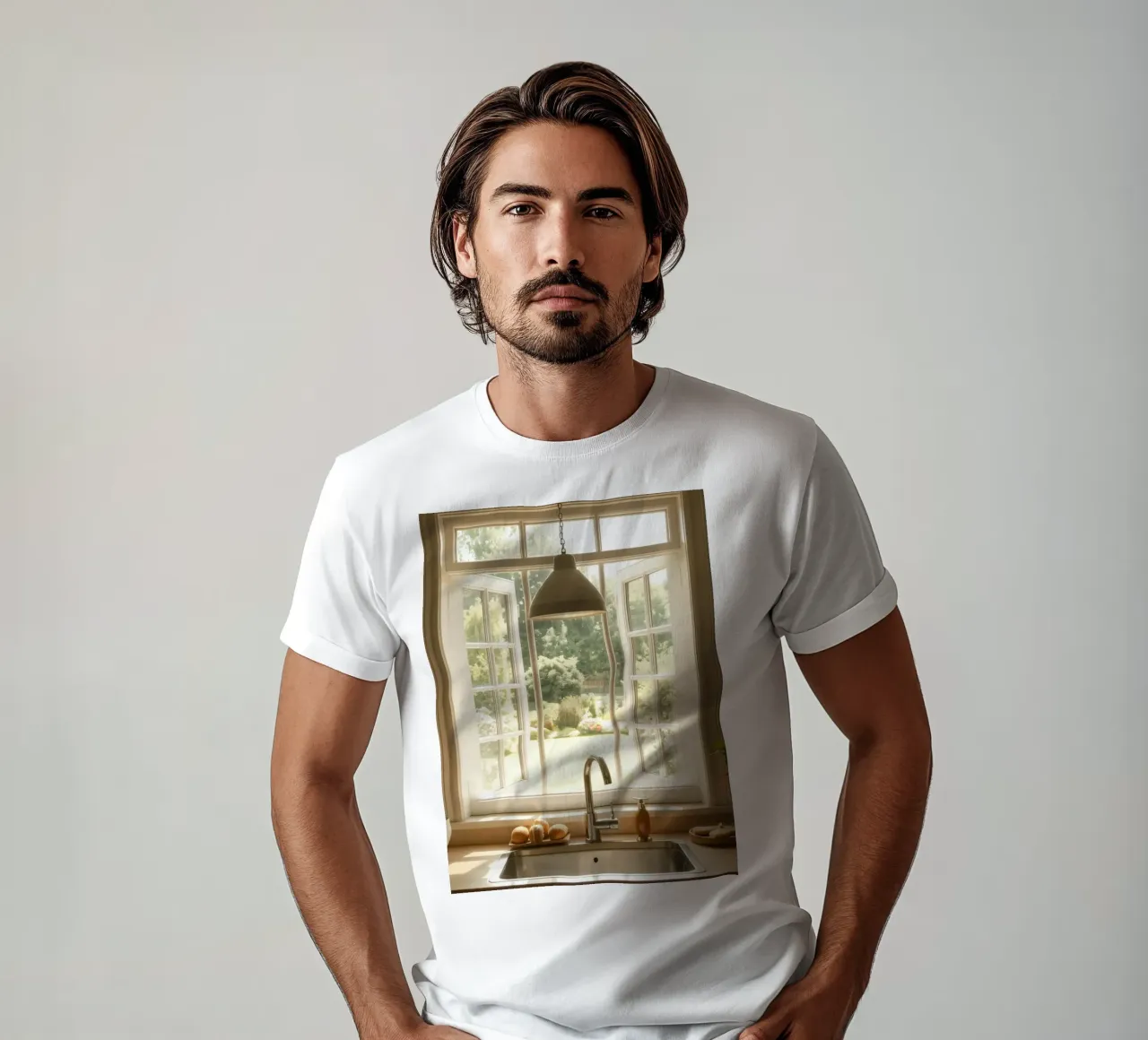 Cucina luminosa con finestre aperte su un giardino illuminato dal sole t-shirt da DesignDoodle