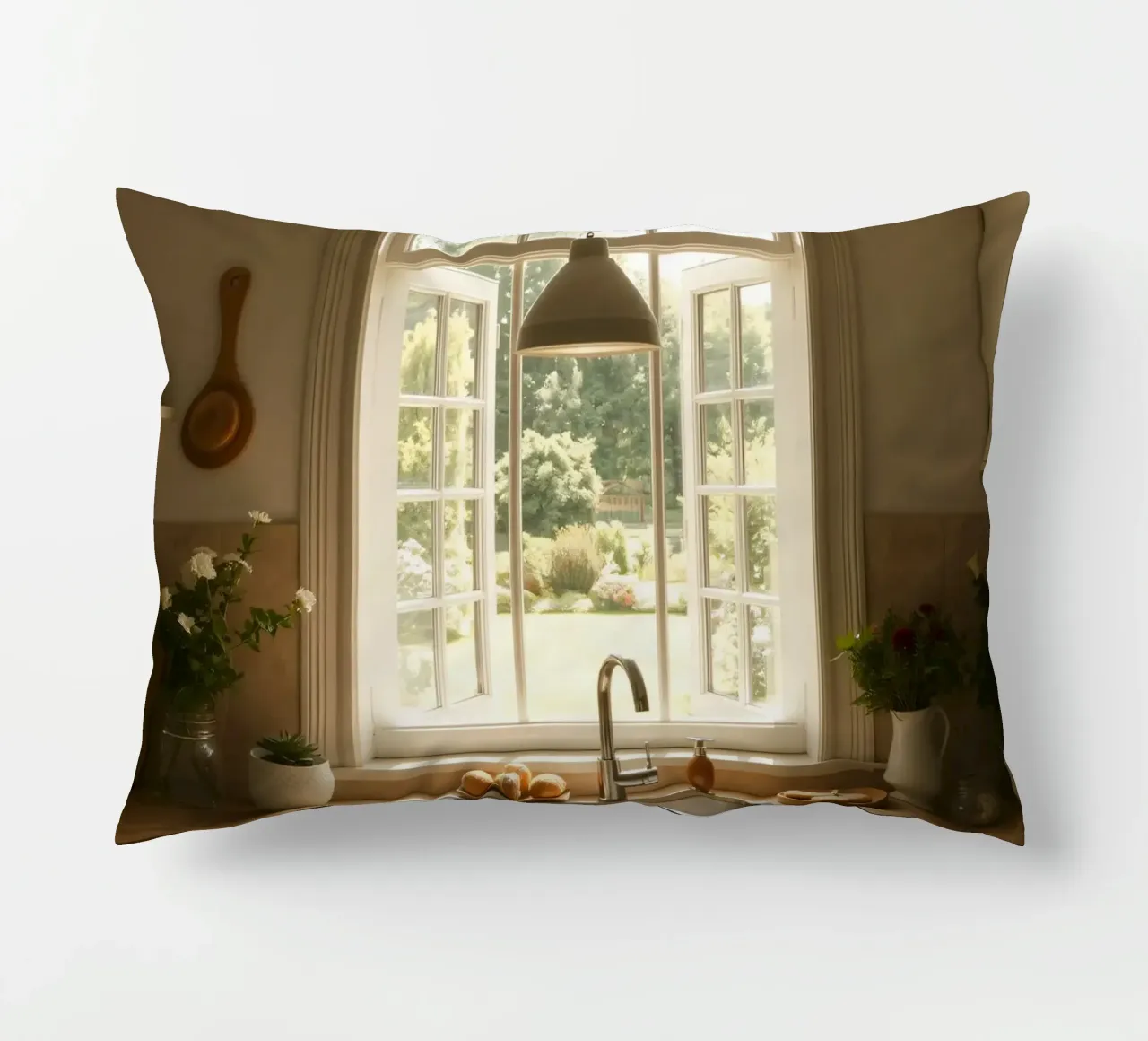 Cucina luminosa con finestre aperte su un giardino illuminato dal sole cuscino da DesignDoodle