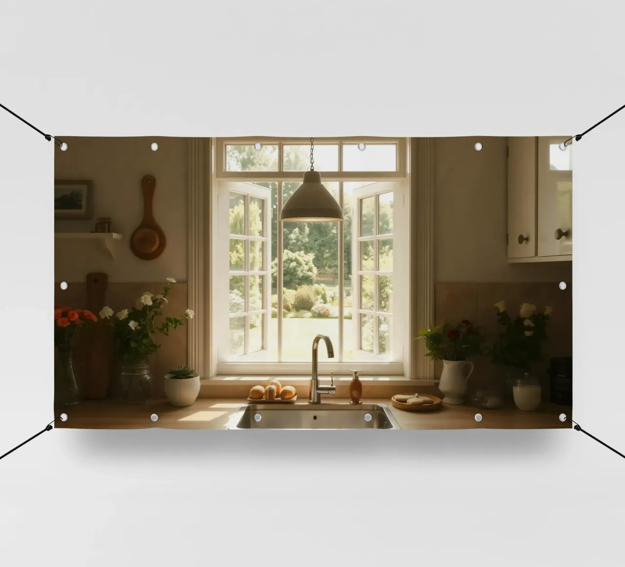 Cucina luminosa con finestre aperte su un giardino illuminato dal sole telo in pvc da DesignDoodle