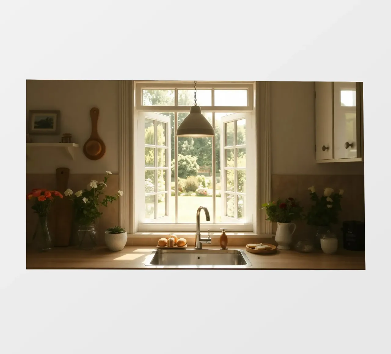 Cucina luminosa con finestre aperte su un giardino illuminato dal sole telo in pvc da DesignDoodle