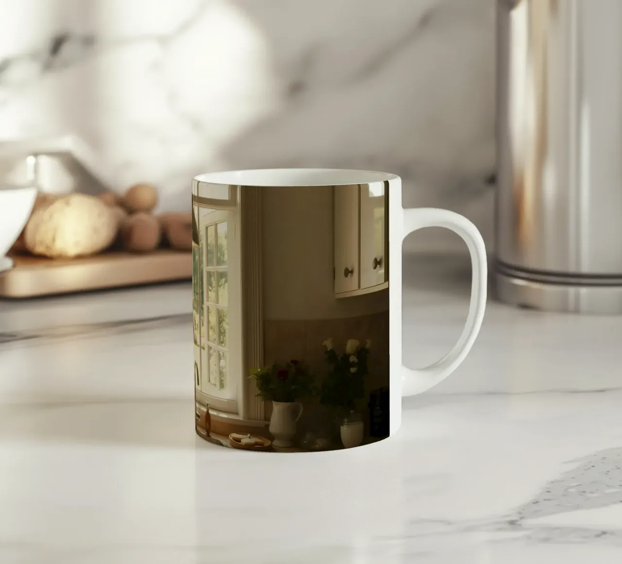 Cucina luminosa con finestre aperte su un giardino illuminato dal sole tazza in ceramica da DesignDoodle