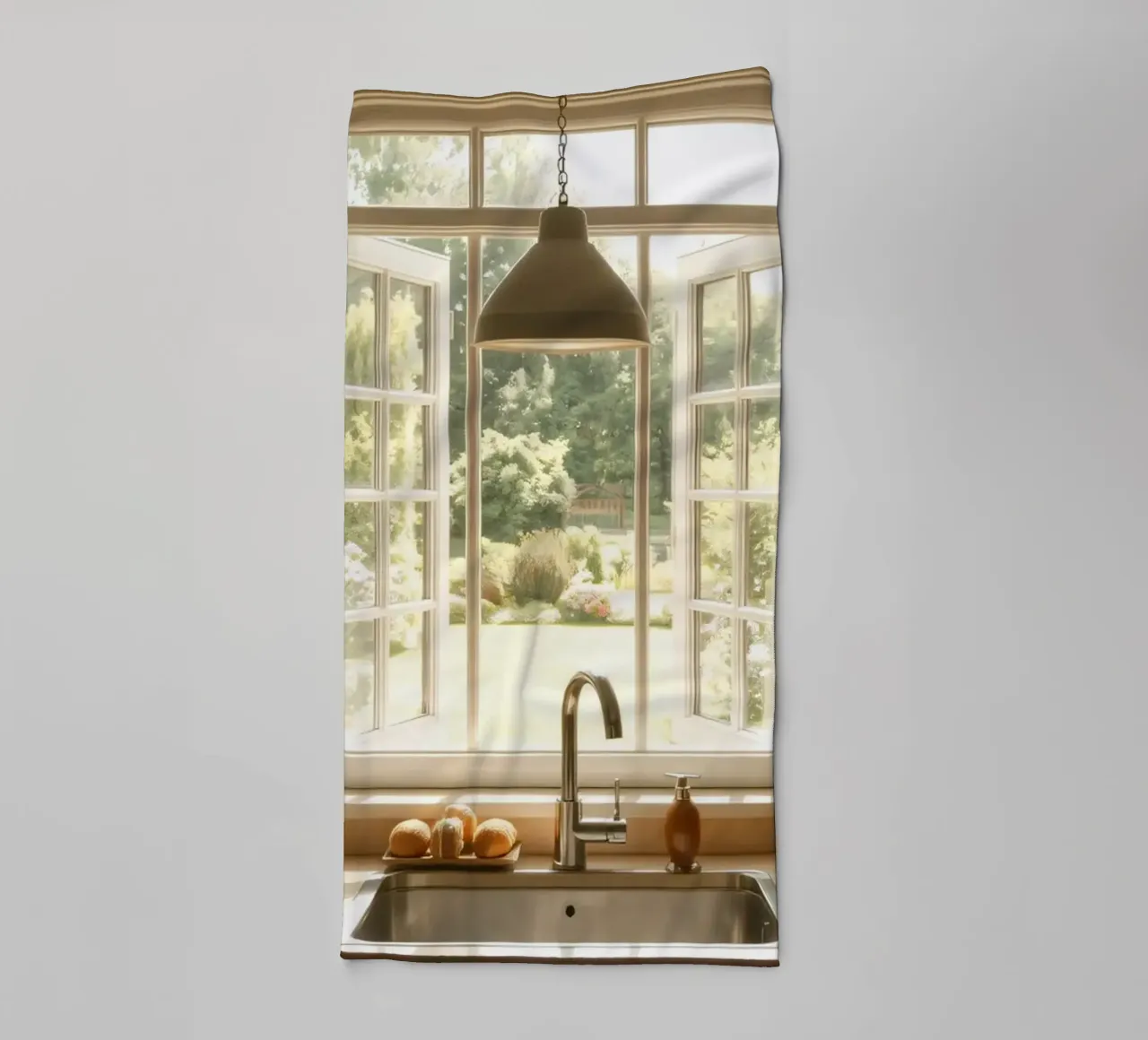 Cucina luminosa con finestre aperte su un giardino illuminato dal sole asciugamano da bagno da DesignDoodle