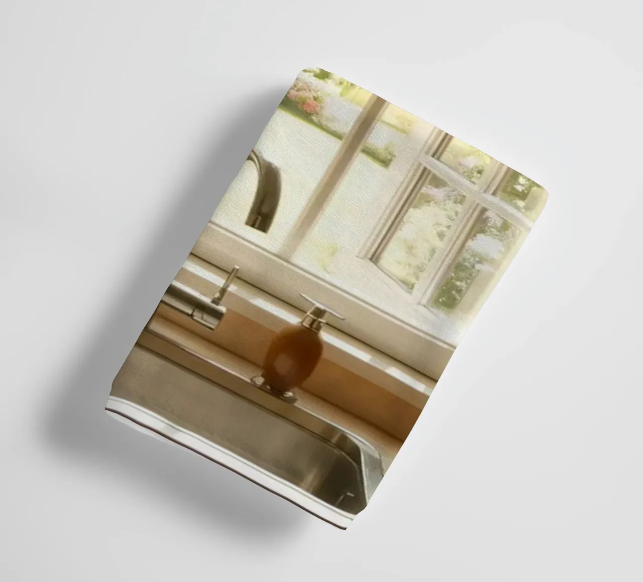 Cucina luminosa con finestre aperte su un giardino illuminato dal sole asciugamano da bagno da DesignDoodle