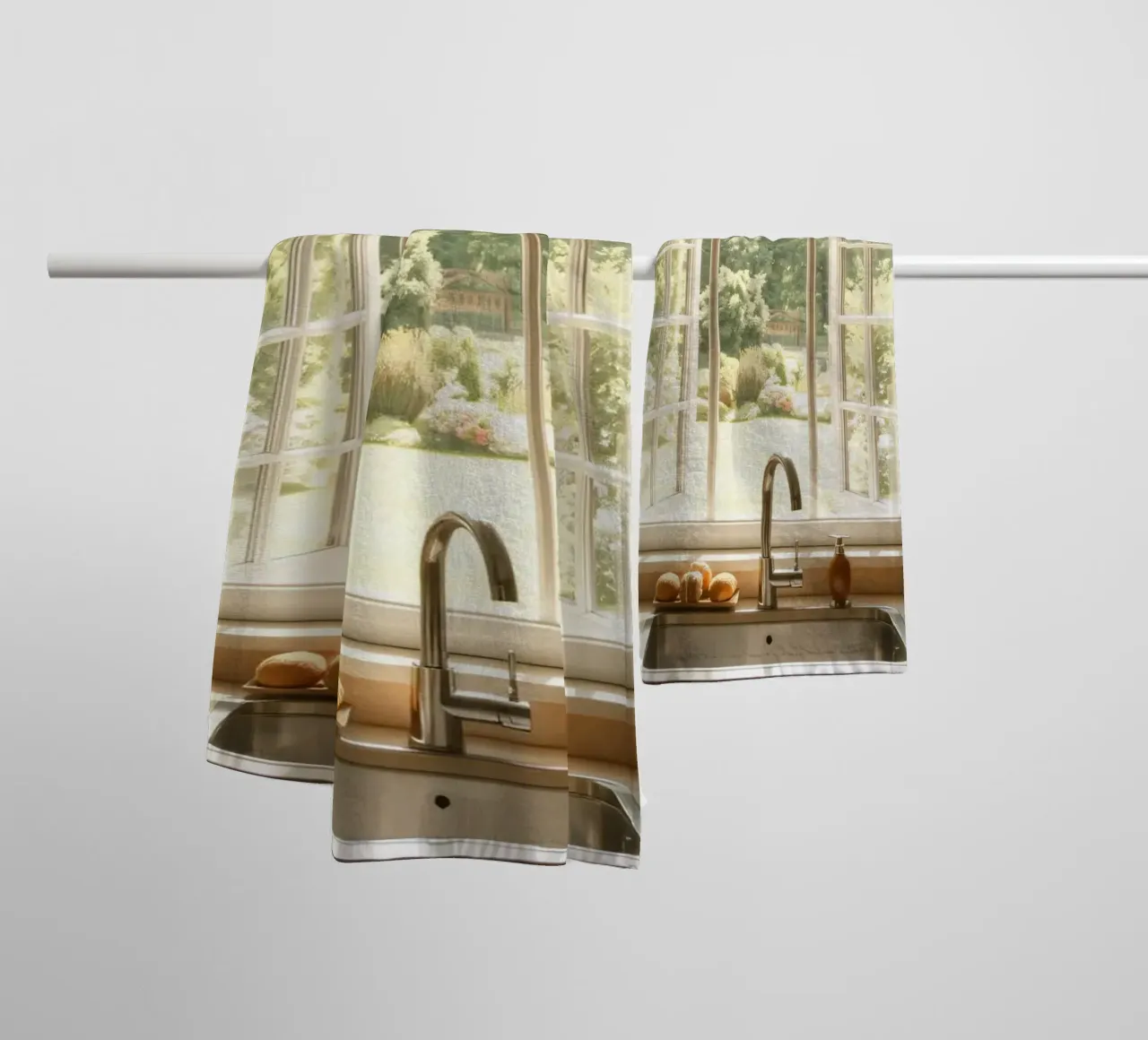 Cucina luminosa con finestre aperte su un giardino illuminato dal sole asciugamano da bagno da DesignDoodle