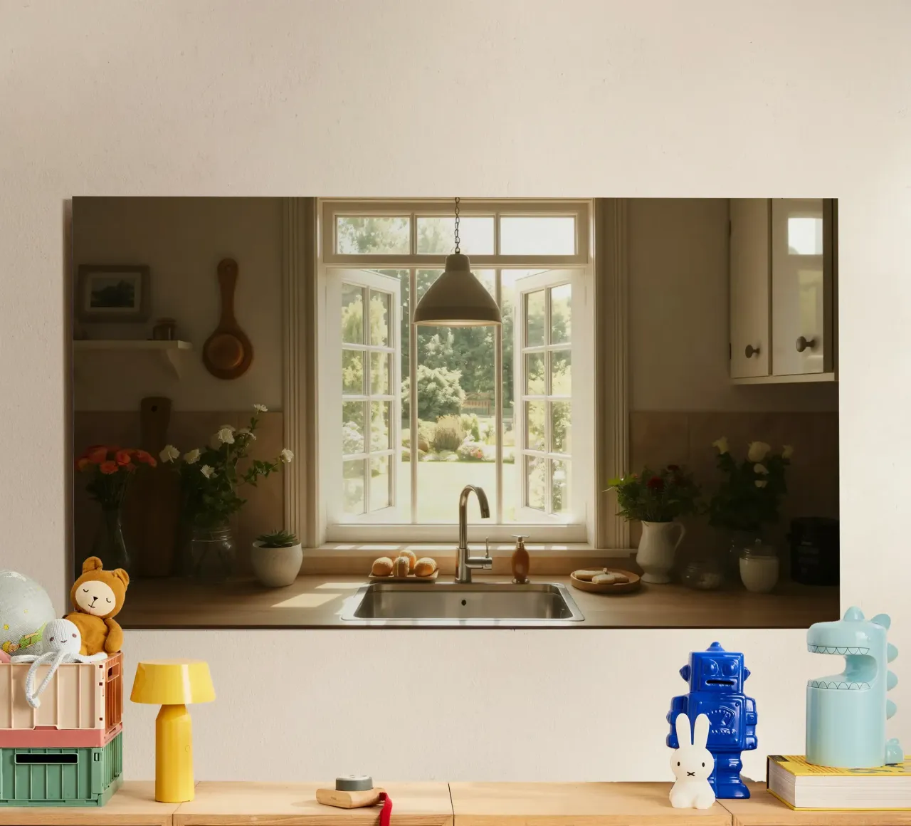 Cucina luminosa con finestre aperte su un giardino illuminato dal sole alluminio dibond da DesignDoodle