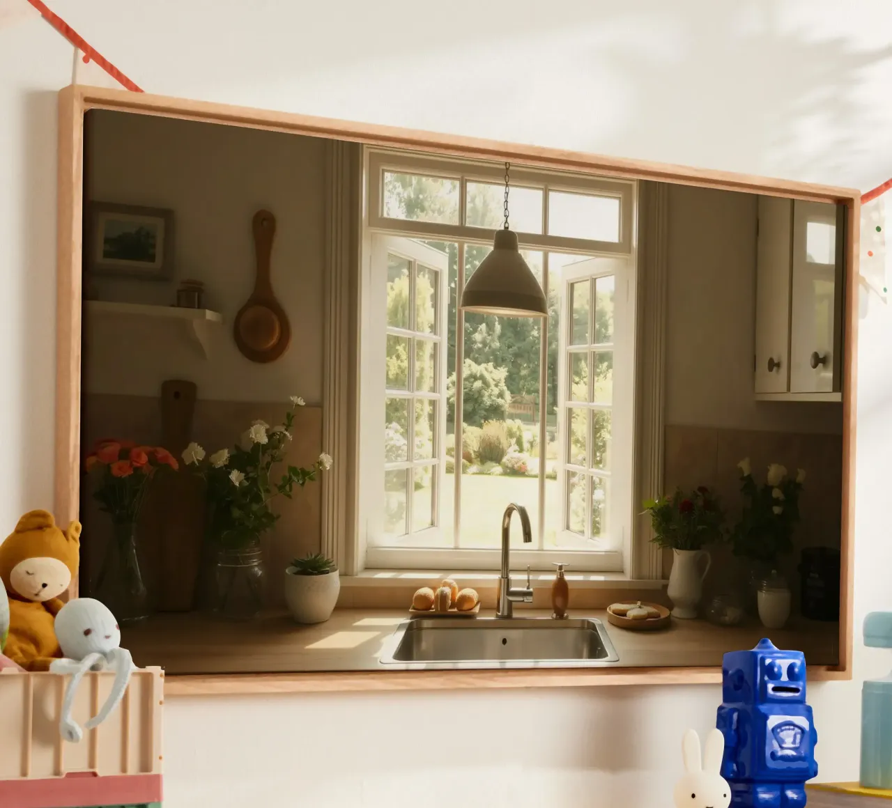 Bright kitchen with open windows showcasing a sunlit garden canvas with Floater frame by DesignDoodle