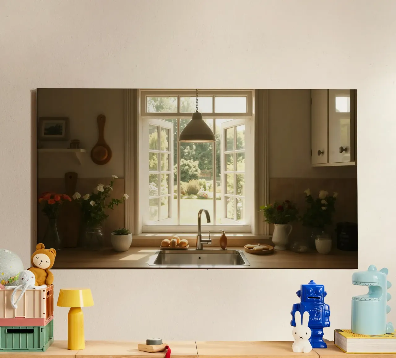 Bright kitchen with open windows showcasing a sunlit garden canvas with Floater frame by DesignDoodle