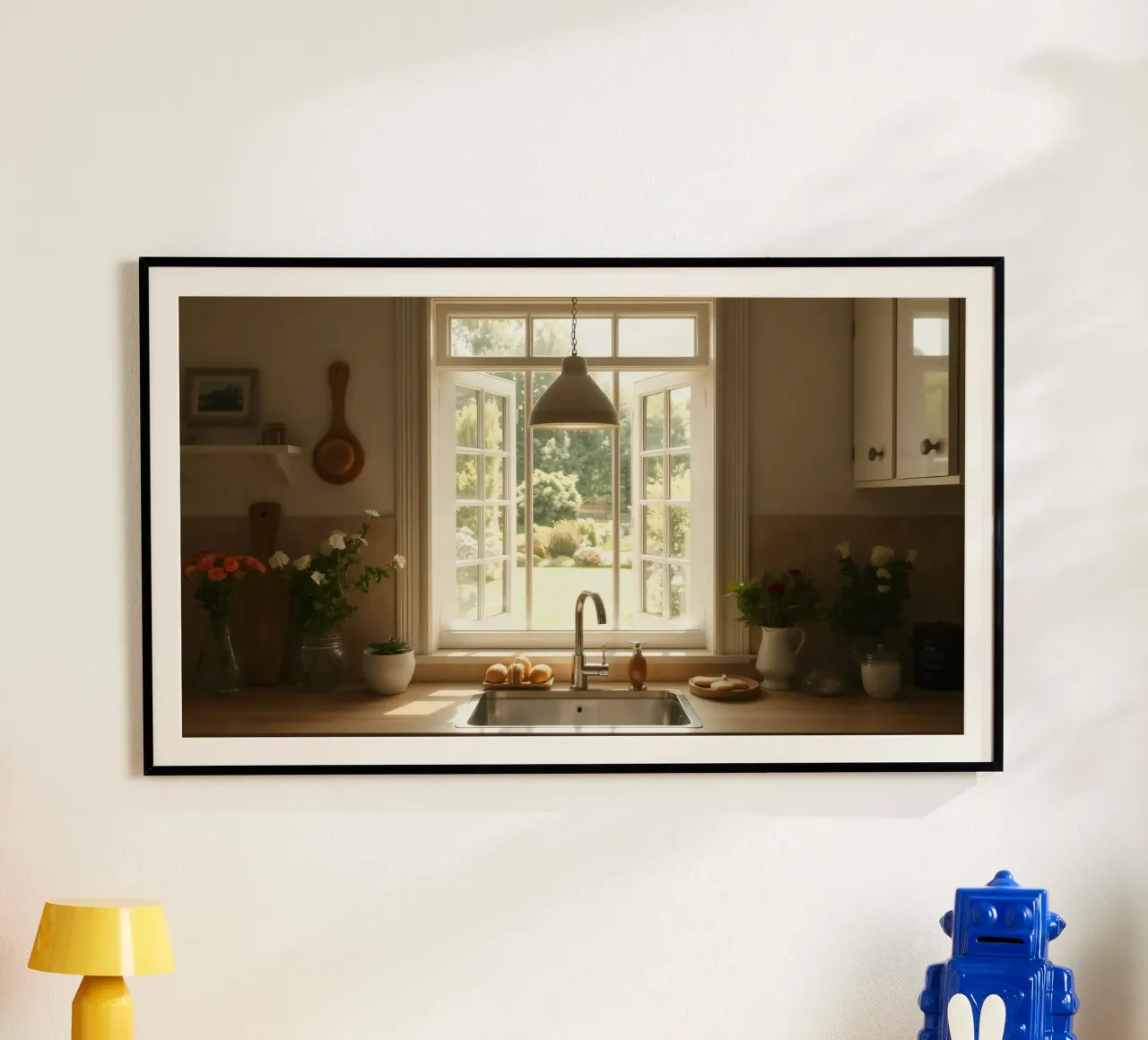 Cucina luminosa con finestre aperte su un giardino illuminato dal sole carta hahnemühle da DesignDoodle