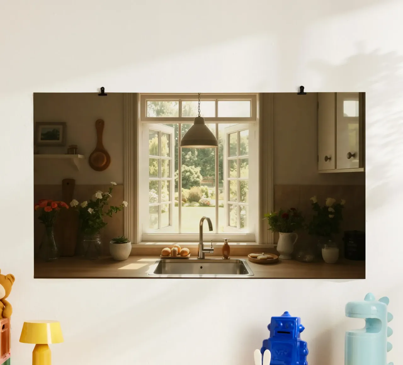Cucina luminosa con finestre aperte su un giardino illuminato dal sole carta hahnemühle da DesignDoodle